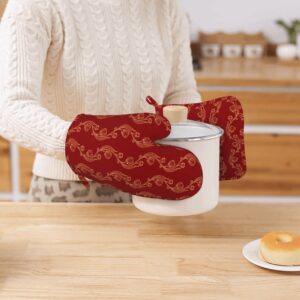 LAKIMCT China Red Floral Silicone Oven Mitts and Pot Holders Sets Kicthen Oven Gloves Hot Pads Potholders Right Mitt for Baking, Sets of 2