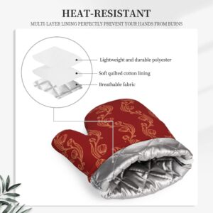 LAKIMCT China Red Floral Silicone Oven Mitts and Pot Holders Sets Kicthen Oven Gloves Hot Pads Potholders Right Mitt for Baking, Sets of 2