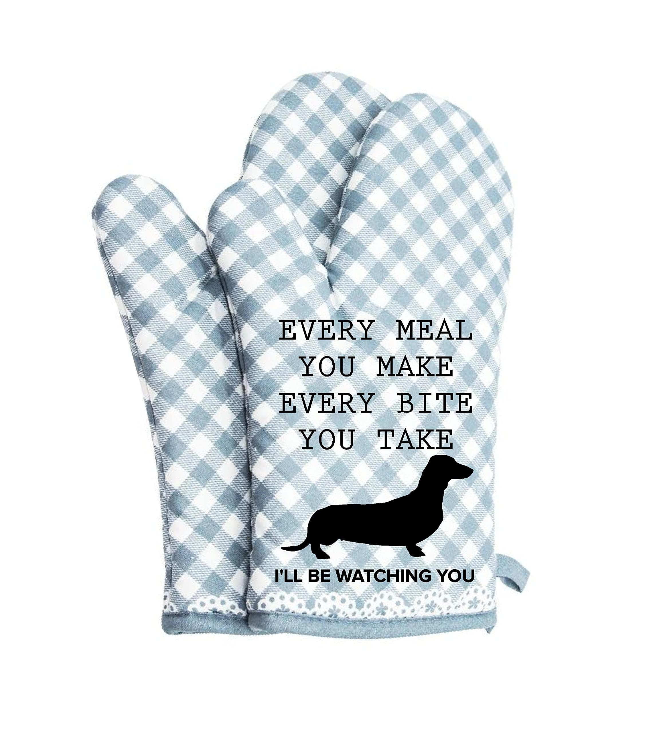 Oven mitts cute pair kitchen Potholders BBQ Gloves cooking baking grilling non slip cotton BLUE (Dachshund)