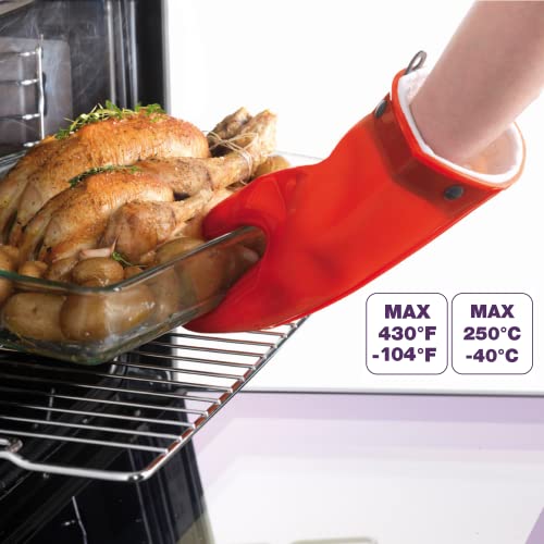 Mastrad Red Oven Mitt Gloves, Heat Resistant, Dishwasher Safe, Waterproof, Non-Slip with Cotton Linings, Baking - F82315