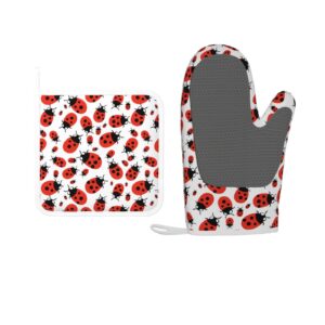 oven mitts and potholders cartoon red ladybug silicone glove heat resistant, kitchen gloves for cooking, 2-piece set