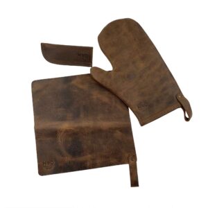 hide & drink, leather oven glove, potholder sheet & panhandle - metal skillet grips - kitchen & bakery essentials handmade