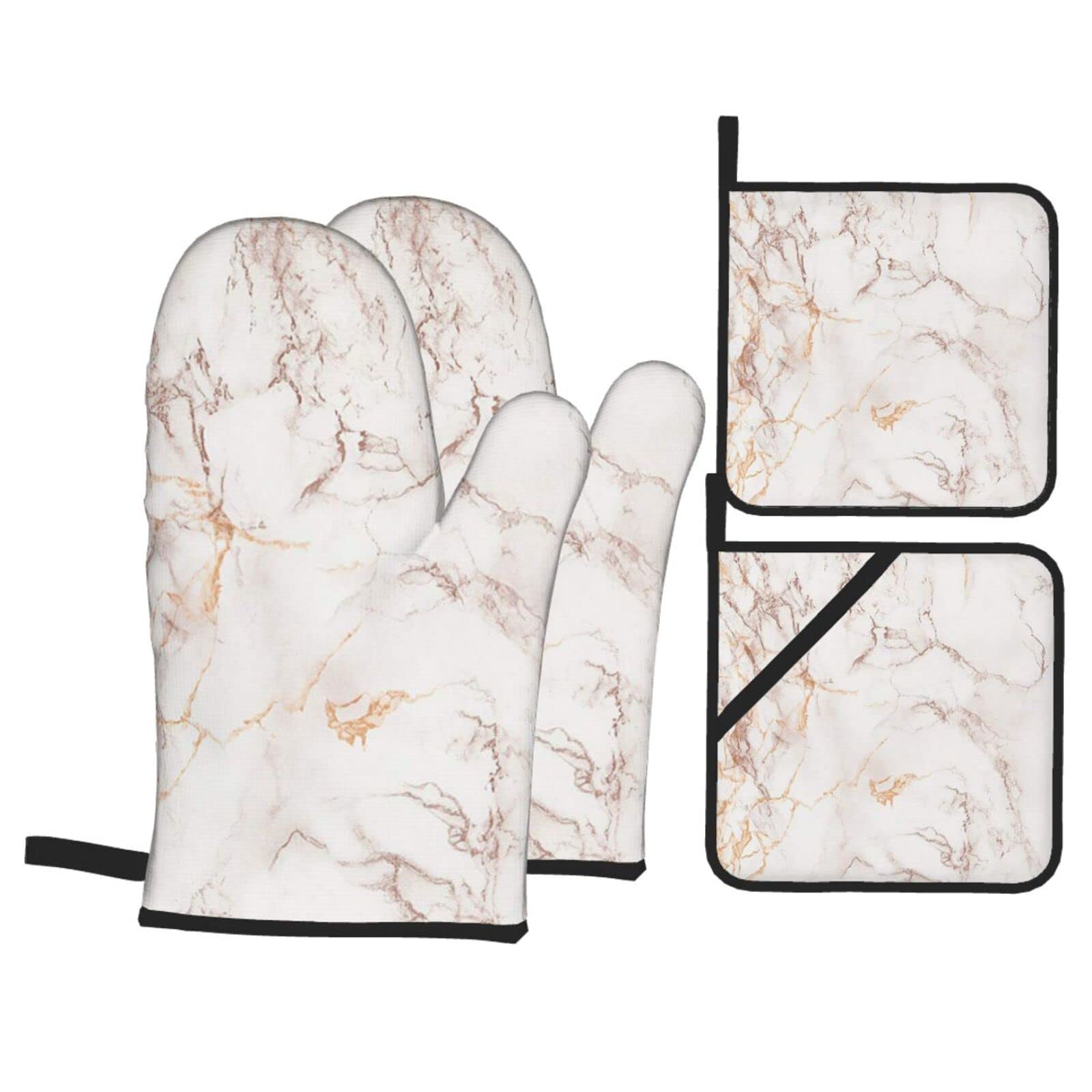 4pcs Gold Marble Oven Mitts Pot Holders Set Non-Slip Cooking Kitchen Gloves Washable Heat Resistant Oven Gloves for Microwave BBQ Baking Grilling