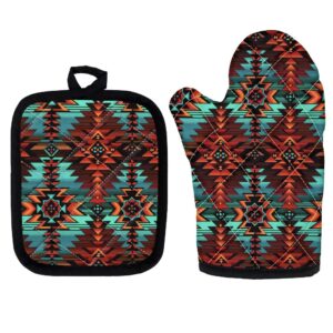 glenlcwe southwest native american indian aztec print oven glover and pot holders 2 pack heavy duty cooking mitts,muti-purpose safe mats,durable comfortable