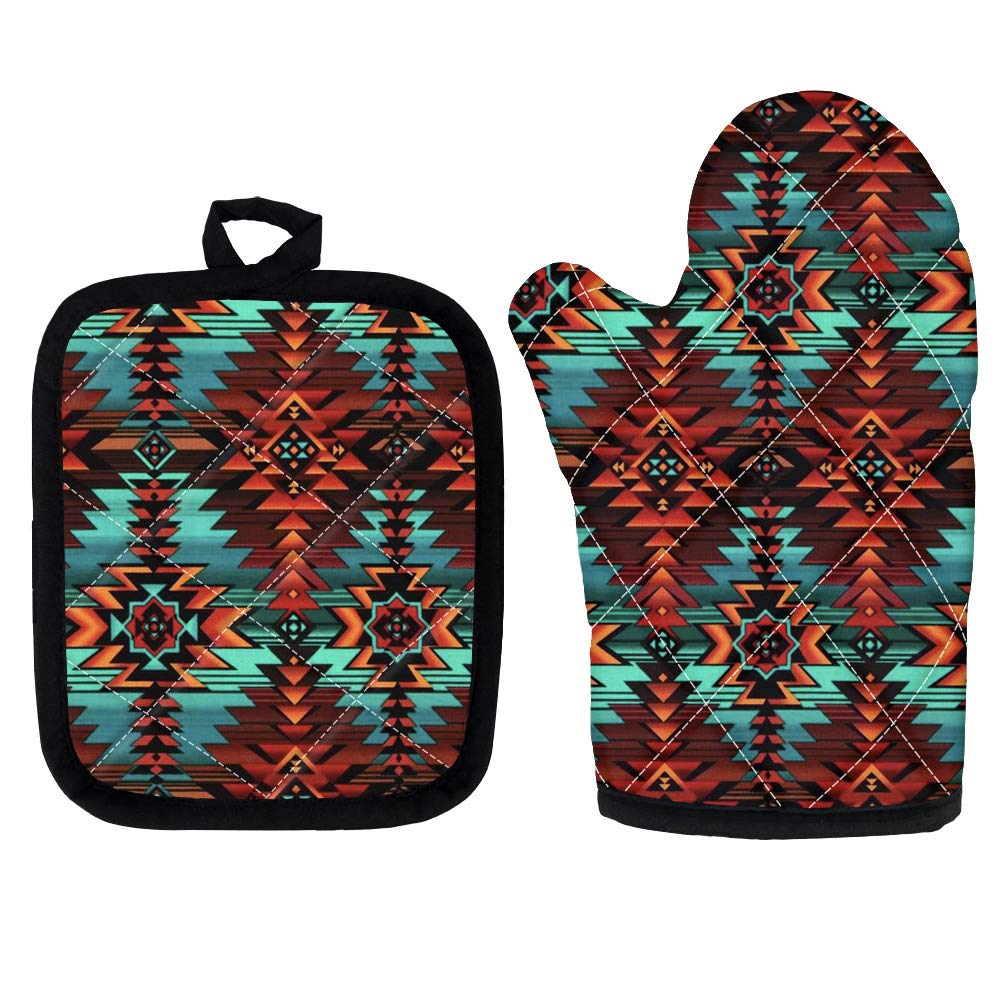 GLENLCWE Southwest Native American Indian Aztec Print Oven Glover and Pot Holders 2 Pack Heavy Duty Cooking Mitts,Muti-Purpose Safe Mats,Durable Comfortable