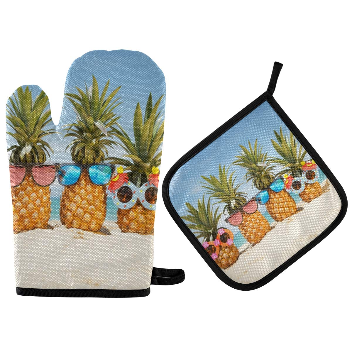 Oven Mitts Pot Holders Sets - Pineapples Stylish Sunglasses Hot Gloves Hot Pads Non-Slip Potholders for Kitchen BBQ Baking