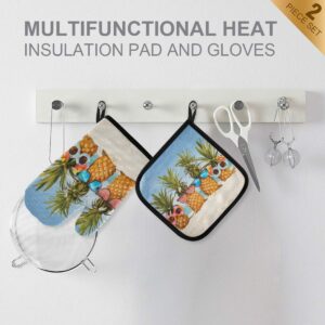 Oven Mitts Pot Holders Sets - Pineapples Stylish Sunglasses Hot Gloves Hot Pads Non-Slip Potholders for Kitchen BBQ Baking