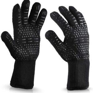 Oven Gloves 932°F Heat Resistant 2 Pc Gloves, Black XL Size Cut-Resistant Grill Gloves, Non-Slip Silicone BBQ Gloves, Kitchen Safe Cooking Gloves for All, Oven Mitts,Smoker,Barbecue,Grilling