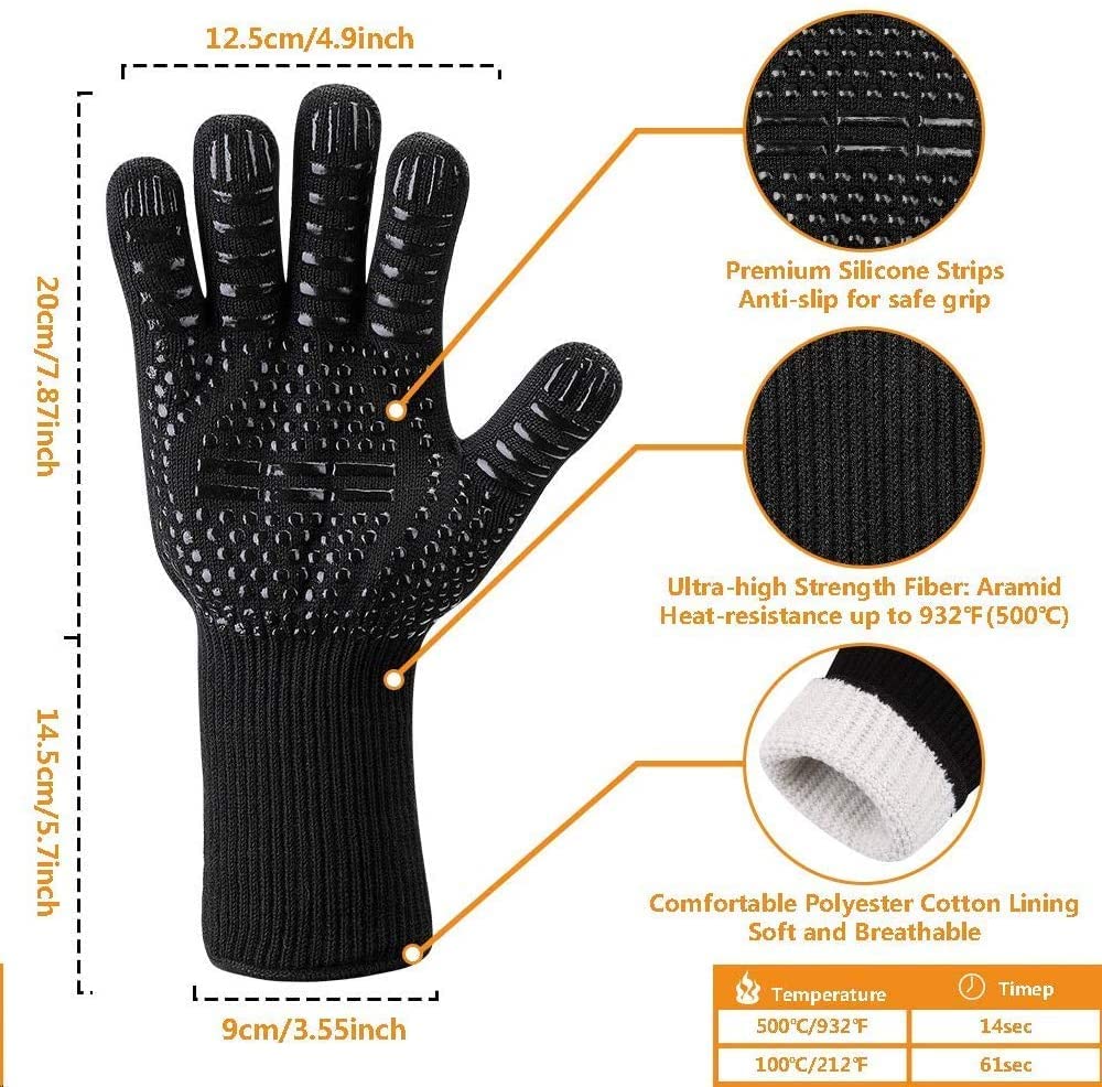 Oven Gloves 932°F Heat Resistant 2 Pc Gloves, Black XL Size Cut-Resistant Grill Gloves, Non-Slip Silicone BBQ Gloves, Kitchen Safe Cooking Gloves for All, Oven Mitts,Smoker,Barbecue,Grilling