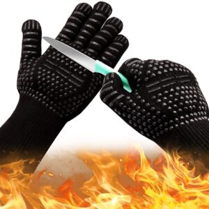 Oven Gloves 932°F Heat Resistant 2 Pc Gloves, Black XL Size Cut-Resistant Grill Gloves, Non-Slip Silicone BBQ Gloves, Kitchen Safe Cooking Gloves for All, Oven Mitts,Smoker,Barbecue,Grilling