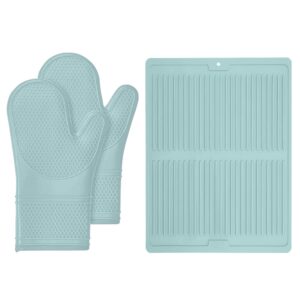 gorilla grip silicone oven mitts set and silicone dish drying mat, both in mint color, oven mitts are heat resistant, drying mat is size 16x12, 2 item bundle