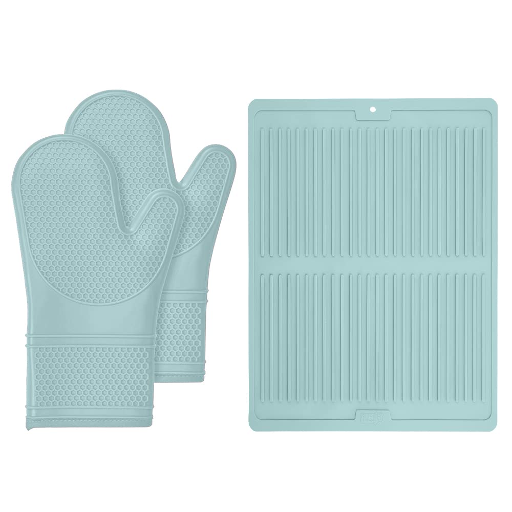 Gorilla Grip Silicone Oven Mitts Set and Silicone Dish Drying Mat, Both in Mint Color, Oven Mitts are Heat Resistant, Drying Mat is Size 16x12, 2 Item Bundle