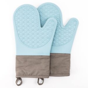 lb silicone oven mitts heat resistant oven mitts set with soft quilted cotton lining, gloves pot holders and oven mitts sets for kitchen cooking and bbq, easy clean 2-piece set (blue)