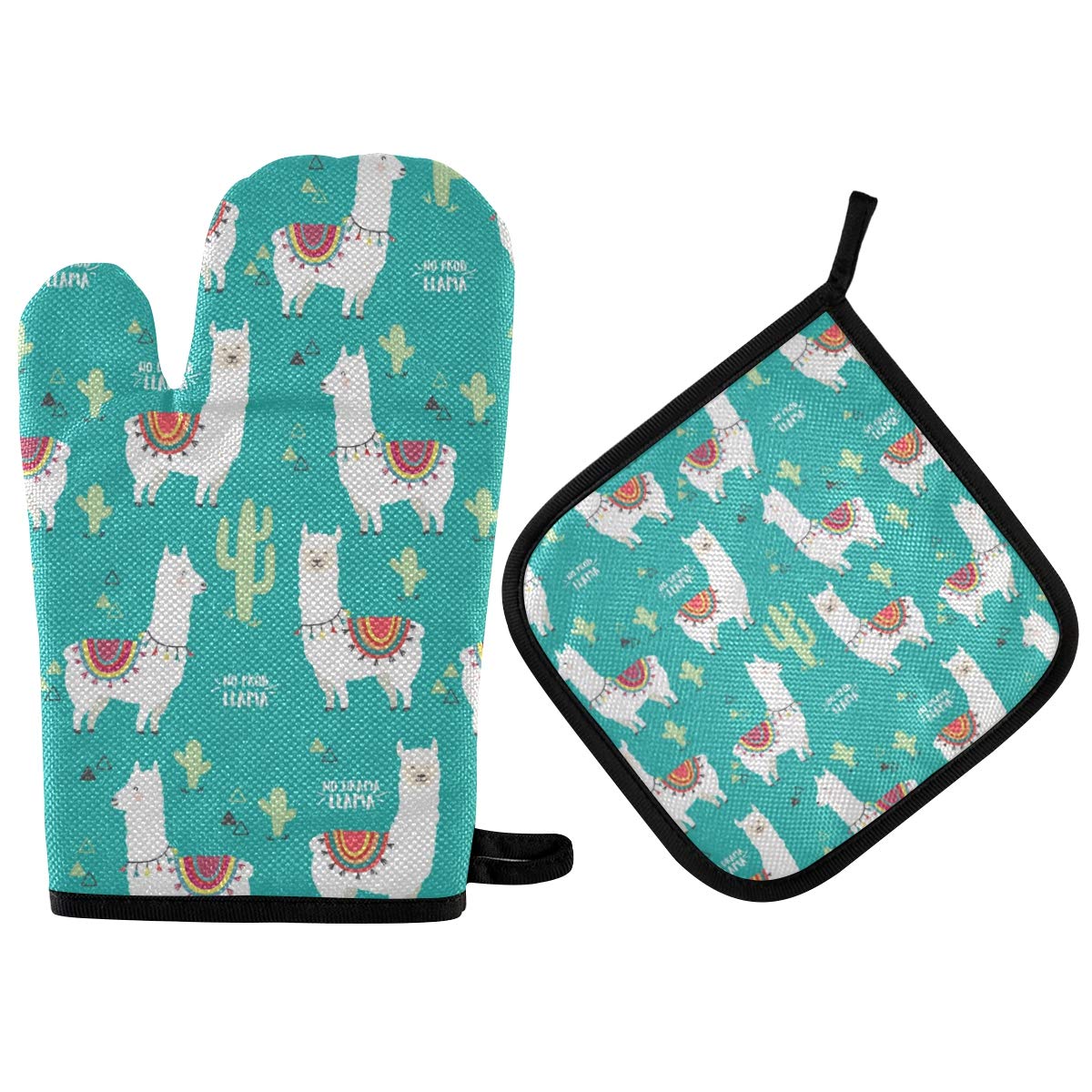 Qilmy Llama Oven Mitts and Pot Holders Heat Resistant Gloves Kitchen Counter Safe Mats for BBQ Cooking Baking Grilling Microwave