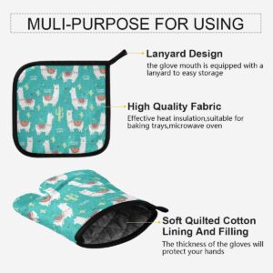 Qilmy Llama Oven Mitts and Pot Holders Heat Resistant Gloves Kitchen Counter Safe Mats for BBQ Cooking Baking Grilling Microwave