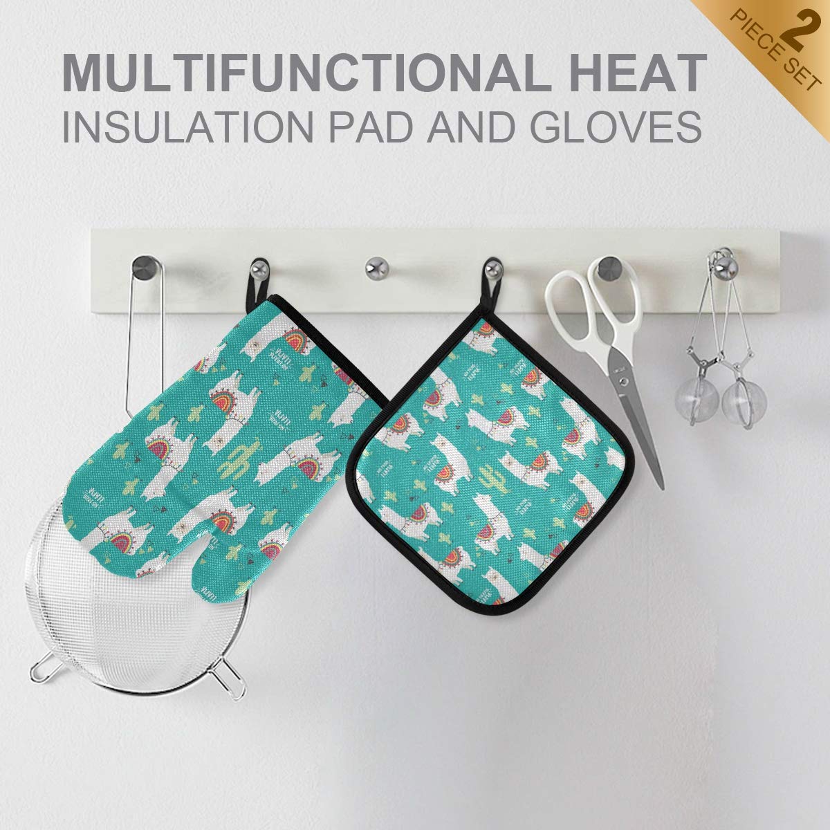 Qilmy Llama Oven Mitts and Pot Holders Heat Resistant Gloves Kitchen Counter Safe Mats for BBQ Cooking Baking Grilling Microwave