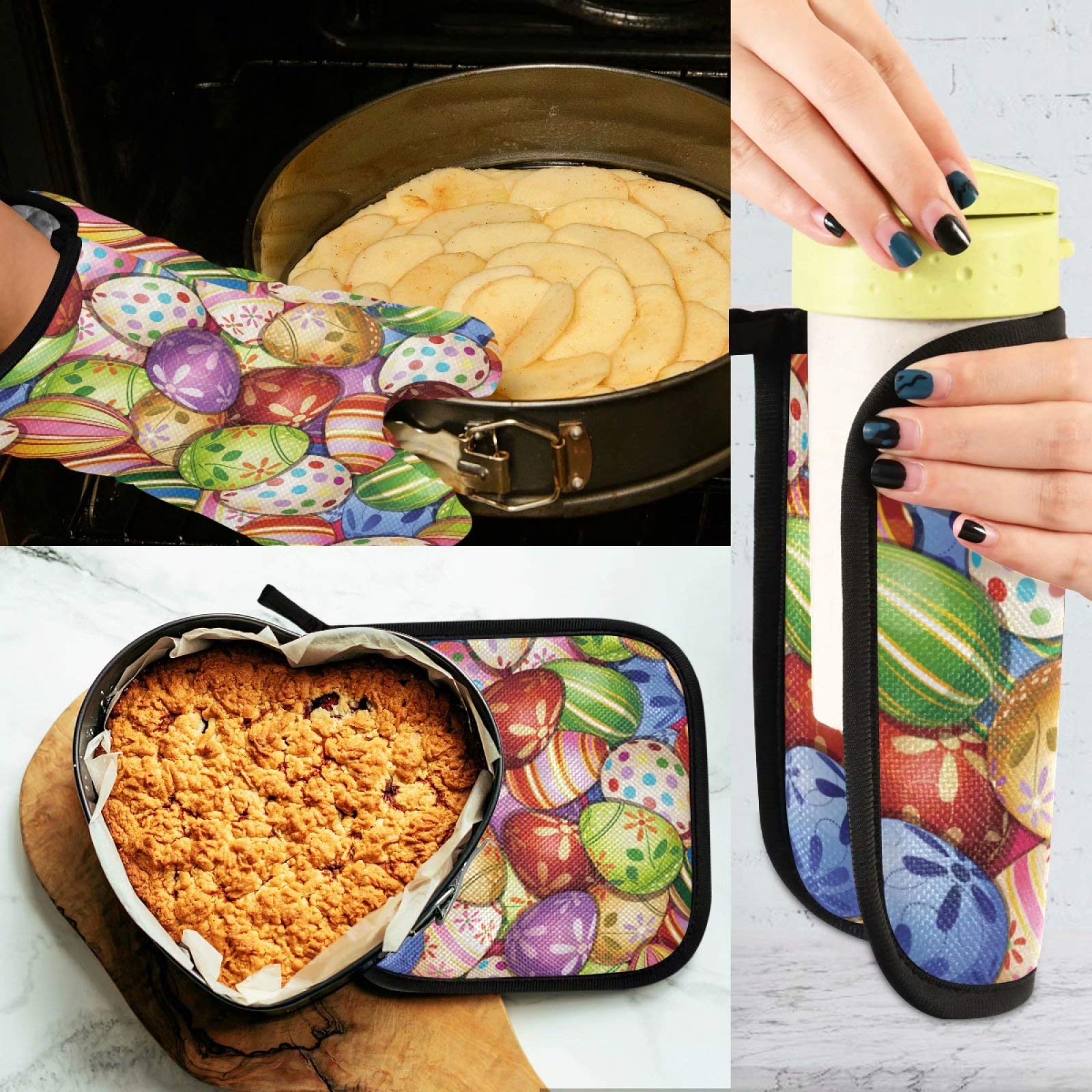 Happy Happy Easter Day Colorful Eggs Oven Mitts and Pot Holders Sets Spring Rabbit Oven Gloves Hot Pads Insulated Washable for Cooking Baking BBQ Decorative Kitchen Gift