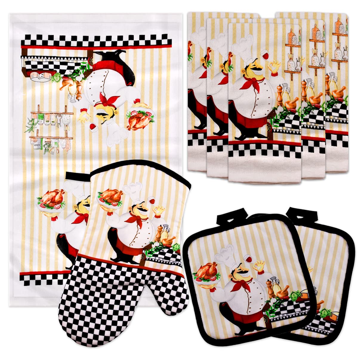 Lobyn Value Pack Kitchen Towel Oven Mitts and Pot Holders Sets, Pot Holders and Oven Mitts Sets, Kitchen Mittens and Pot Holder Set, Potholder Set, Mittens Kitchen Chef Design