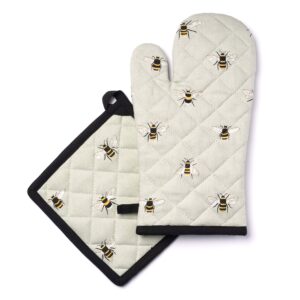 globetrotting merchant oven mitt and pot holder set, 100% quilted cotton, heat resistant hot pads, grey with bumblebee print, kitchen essentials for cooking, baking, bbq and microwave.