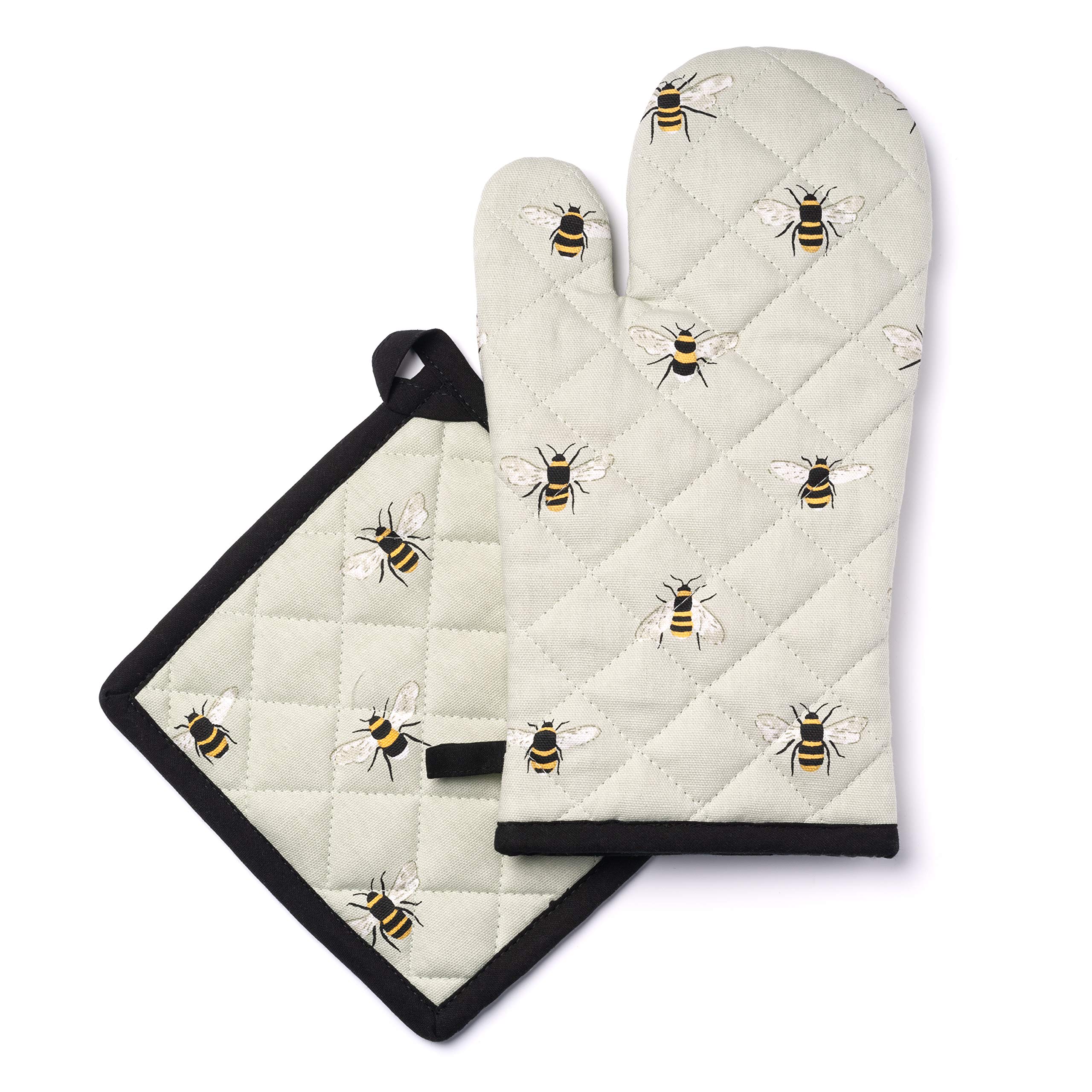 Globetrotting Merchant Oven Mitt and Pot Holder Set, 100% Quilted Cotton, Heat Resistant hot pads, Grey with Bumblebee print, Kitchen Essentials for Cooking, Baking, BBQ and Microwave.