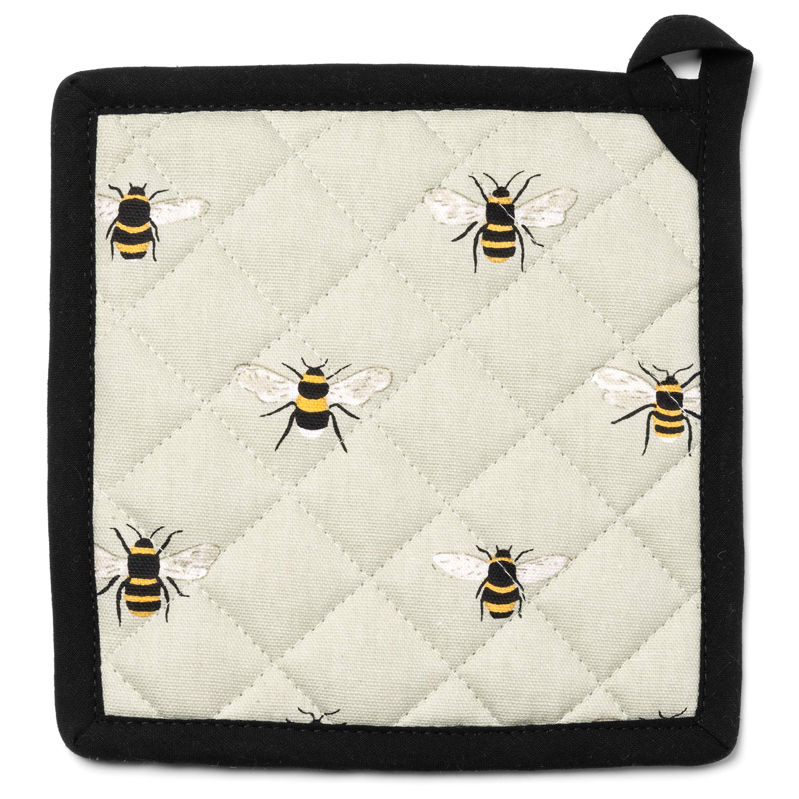 Globetrotting Merchant Oven Mitt and Pot Holder Set, 100% Quilted Cotton, Heat Resistant hot pads, Grey with Bumblebee print, Kitchen Essentials for Cooking, Baking, BBQ and Microwave.