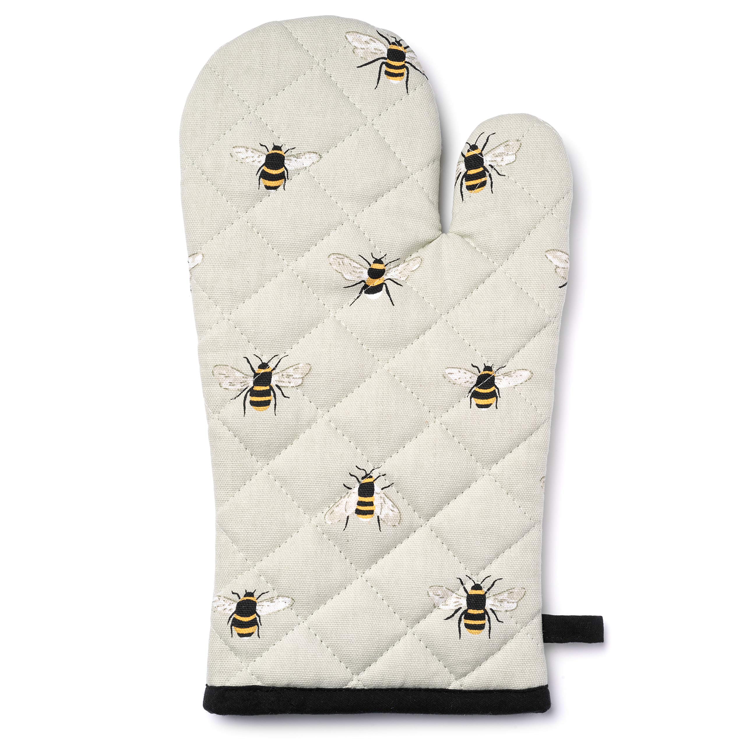 Globetrotting Merchant Oven Mitt and Pot Holder Set, 100% Quilted Cotton, Heat Resistant hot pads, Grey with Bumblebee print, Kitchen Essentials for Cooking, Baking, BBQ and Microwave.