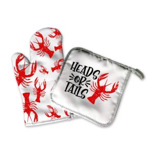 Crawfish Home Decor | Decorative Kitchen Hot Plate Pot Holder Oven Mitt Set | Heads Or Tails | Red White Southern Crawdads Crayfish Bayou Spring Summer Fall | White Home Decor Decorations