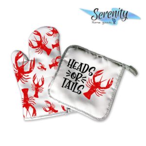 Crawfish Home Decor | Decorative Kitchen Hot Plate Pot Holder Oven Mitt Set | Heads Or Tails | Red White Southern Crawdads Crayfish Bayou Spring Summer Fall | White Home Decor Decorations