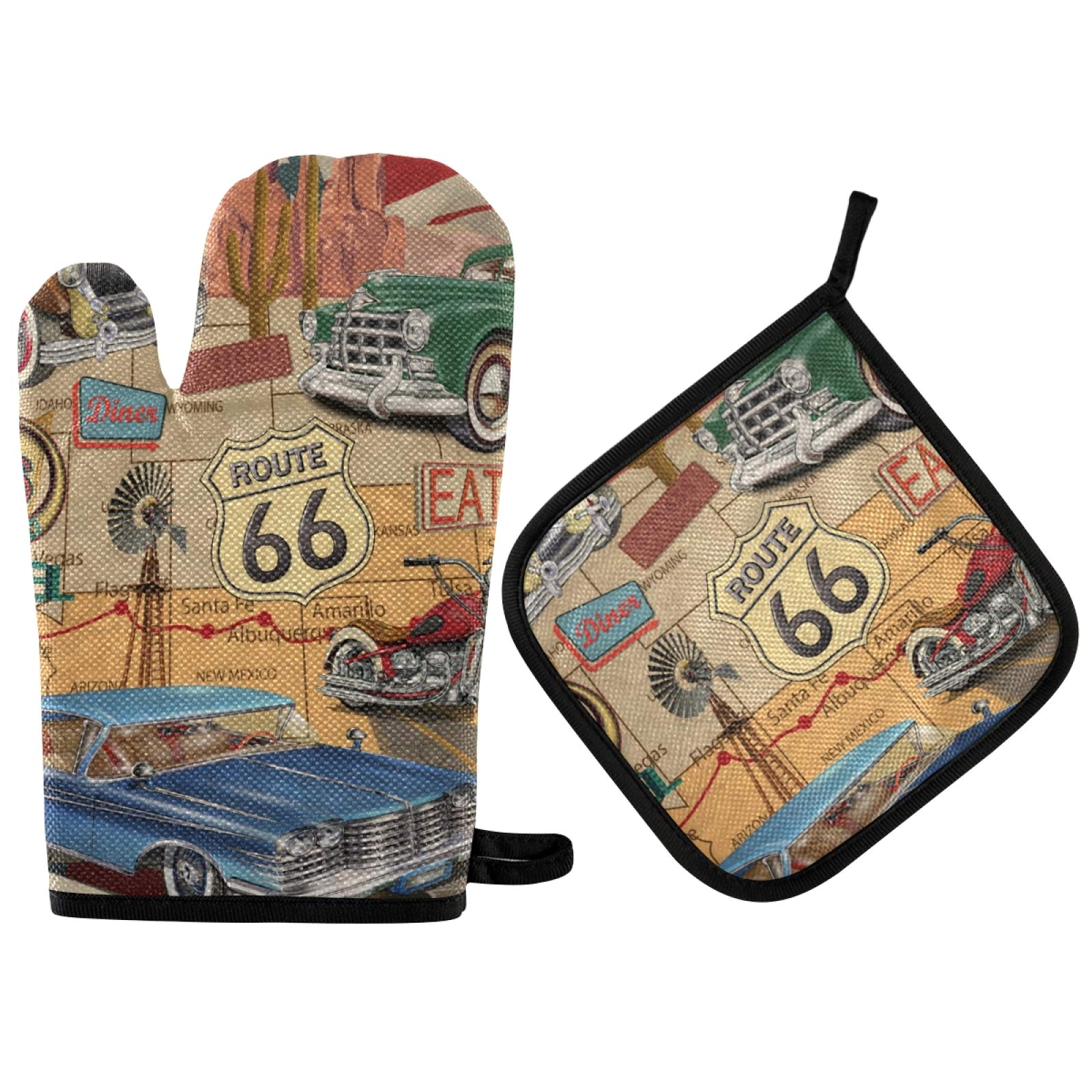 OURVII 2 pcs Vintage Route 66 Oven Mitts and Pot Holders Set Retro Car Hot Pads Kitchen Oven Gloves for Women Men Baking Cooking