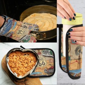 OURVII 2 pcs Vintage Route 66 Oven Mitts and Pot Holders Set Retro Car Hot Pads Kitchen Oven Gloves for Women Men Baking Cooking