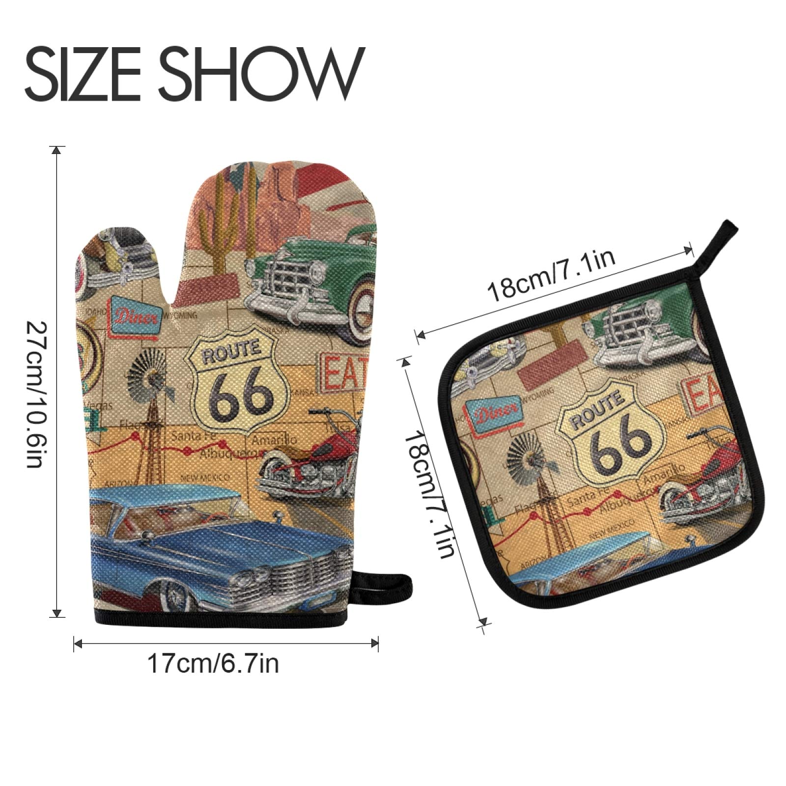 OURVII 2 pcs Vintage Route 66 Oven Mitts and Pot Holders Set Retro Car Hot Pads Kitchen Oven Gloves for Women Men Baking Cooking