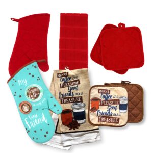 home collection chef-themed kitchen mitts, pot holder, & kitchen towels set (red)