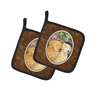 caroline's treasures ss8974pthd golden retriever pair of pot holders kitchen heat resistant pot holders sets oven hot pads for cooking baking bbq, 7 1/2 x 7 1/2