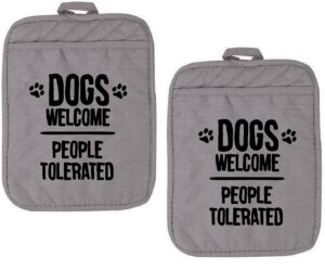 funny baking pot holder dogs welcome people tolerated heat resistant oven mitts with sayings kitchen hot pads housewarming gifts baking lover set of 2