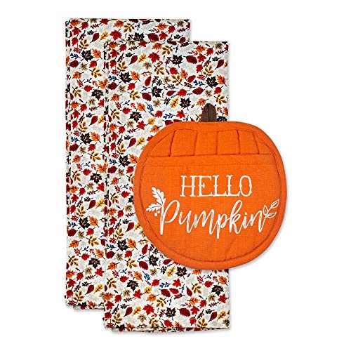 DII Fall Kitchen Décor Collection Dish Towel & Potholder Hostess Gift Set, Hello Pumpkin/Autumn Leaves, 3 Piece