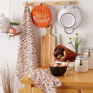 DII Fall Kitchen Décor Collection Dish Towel & Potholder Hostess Gift Set, Hello Pumpkin/Autumn Leaves, 3 Piece