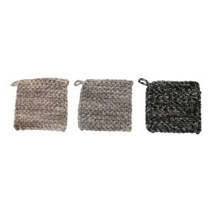 creative co-op square crochet cotton leather loop, set of 3 colors pot holder, multicolored