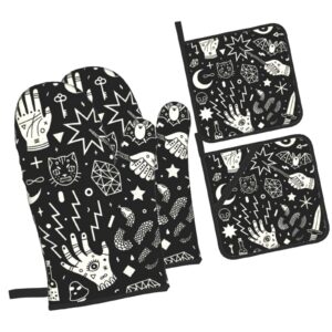 magical style hand eyes moon skull cat bat snake key 4pcs oven mitts and pot holders sets,heat resistant non slip kitchen gloves hot pads with inner cotton layer for cooking bbq baking grilling