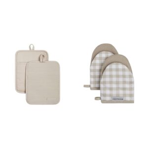 kitchenaid ribbed soft silicone water resistant pot holder set, milkshake (2 piece set, 7"x9") and kitchenaid gingham mini oven mitt 2-pack set, milkshake tan (5.5"x8")