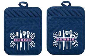 personalized pot holder blue pocket mitt gift for newlywed kitchen present for women set of 2 (blue)