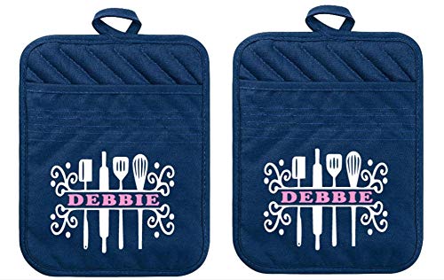 Personalized Pot Holder Blue Pocket Mitt Gift for Newlywed Kitchen Present for Women Set of 2 (Blue)