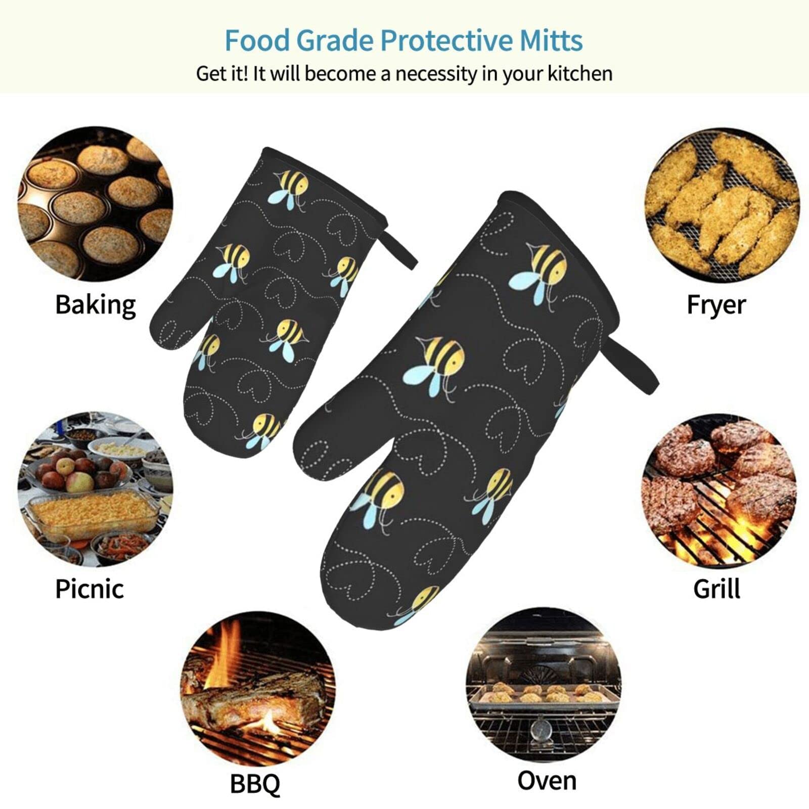 2Pcs Oven Mitts Sets,Bumble Bees,Kitchen Oven Glove High Heat Resistant 500 Degree Oven Mitts and Pot Holder,Surface Safe for Baking,Cooking,BBQ