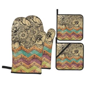 klatie boho oven mitts and pot holders sets of 4, heat resistant hot pad, bohemian style bbq gloves for kitchen, cooking, baking, grilling