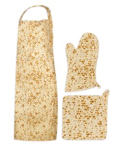 the kosher cook passover kitchen linen sets - matzah print design - kitchen apron - pot holder - oven mitt - pesach seder and kitchen accessories
