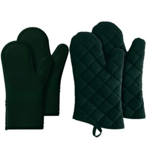 gorilla grip resistant silicone oven mitts and cotton oven mitt, silicone oven mitts size 12.5 inch, cooking, oven mitts size 13 inch, cooking baking bbq gloves, both in black, 2 item bundle