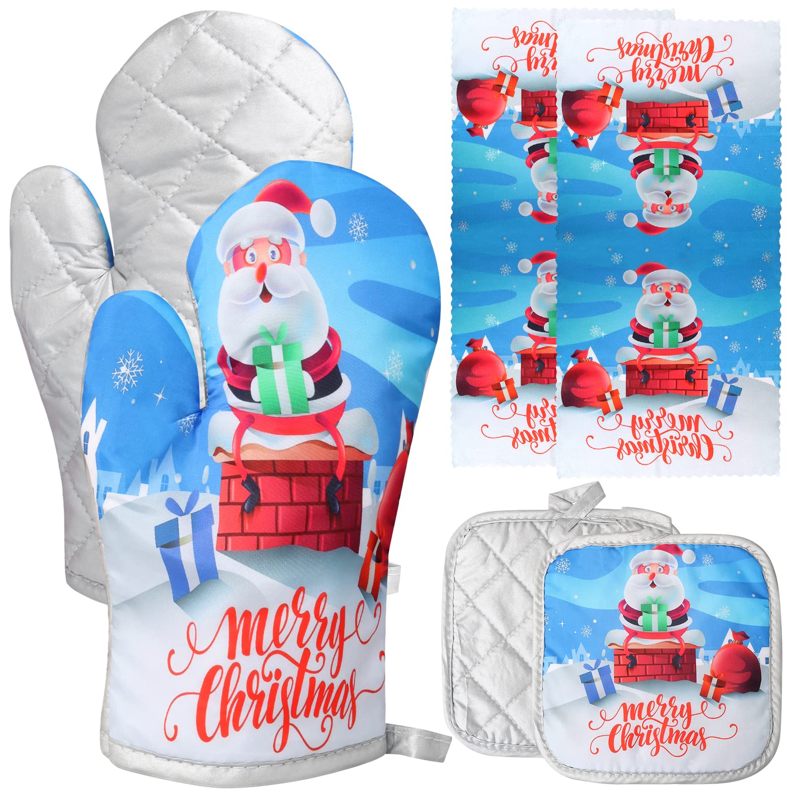 Lucleag 6 Pack Christmas Oven Mitts Potholders and Towels Set, Christmas Santa Oven Mitts Pot Holders Towels Heat Resistant Non-Slip Cooking Gloves BBQ Cooking Baking Grilling