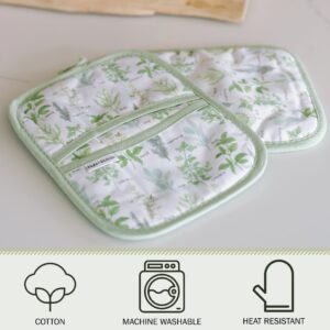 Sage+Stitch Oven Mitts and Pot Holders 4 Piece Set | Heat Resistant Gloves | Accessories for Kitchen and Baking | Green Herb Design