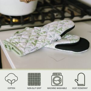 Sage+Stitch Oven Mitts and Pot Holders 4 Piece Set | Heat Resistant Gloves | Accessories for Kitchen and Baking | Green Herb Design