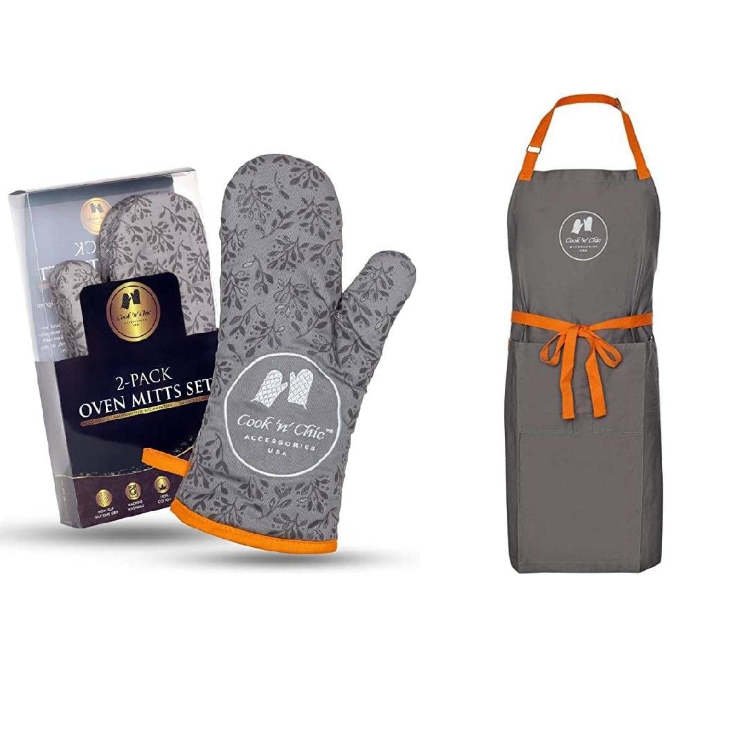 Premium Oven Mitts and Essential Chef's Apron - 500°F Heat Resistant - 30"x34" for Kitchen Cooking Baking - Flexible Soft Terry Cloth Cotton Lining