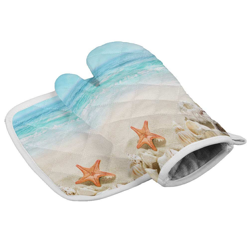 Sandy Beach Set of Oven Mitt and Pot Holde Starfish Seashell Theme Oven Gloves Heat Resistance Non-Slip Surface for Kitchen BBQ Cooking Baking Grilling